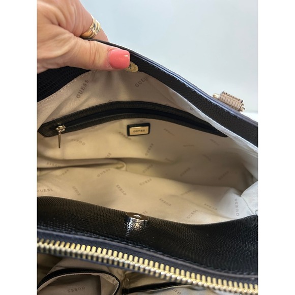 GUESS‎ Satchel Purse Brown Lizard Embossed Faux Leather Top Handle Bag - Picture 8 of 16